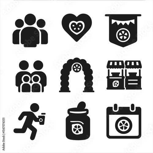 Community Lemonade Icon Set. Solid, filled icons set of community lemonade events: neighbor icon, fundraiser