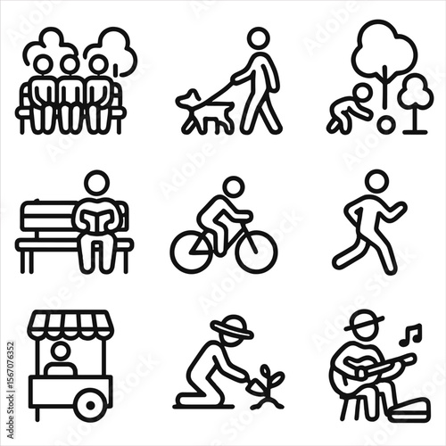 Social Park Activities. Solid, filled icon set of social scenes in green spaces: group sitting on bench, dog walker, child playing