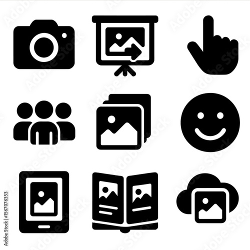 Photo Sharing Icons. Solid, filled icons set of photo sharing moments: camera icon, slideshow screen, hand