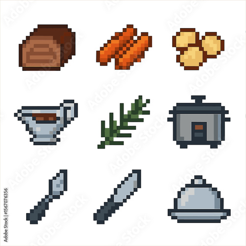 Classic Pot Roast Icons. Pixel art icon set of classic pot roasts: pot roast slice, carrots, potatoes, gravy boat, rosemary sprig,