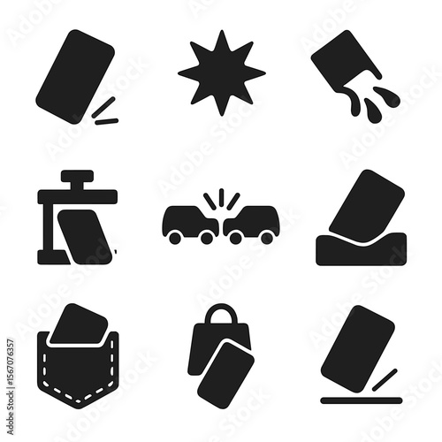 Damage Scenarios Icons. Solid, filled icon set of damage scenarios: phone drop, impact star, water spill, pressure crush,