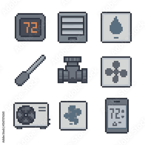 Climate Control Icons. Pixel art icon set of automated climate control: smart thermostat, motorized vent, humidity sensor,