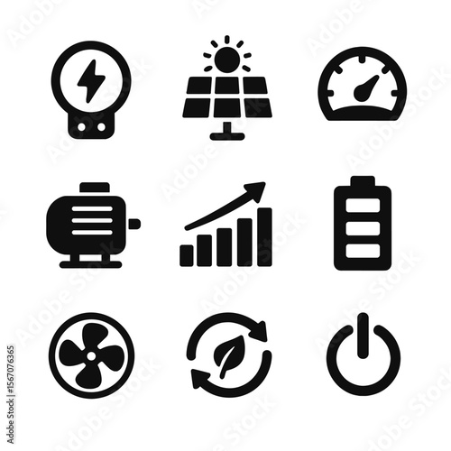 Energy Management Icons. Solid, filled icon set of energy management: power meter, solar panel, energy gauge, electric motor,