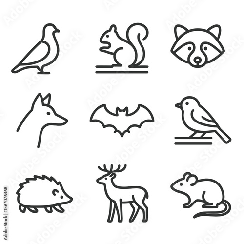 Urban Fauna Icons. Outline icon set of urban fauna diversity: pigeon silhouette, squirrel on branch, raccoon face, urban fox