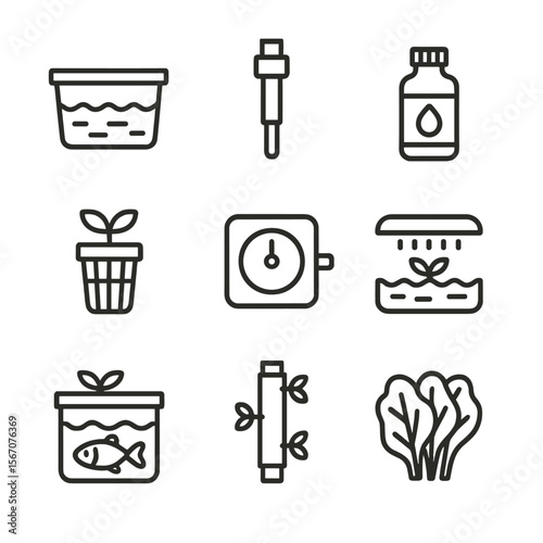 Urban Hydroponic Icon Set. Outline icon set of urban hydroponic setups: water-filled trough, pH meter probe, nutrient solution