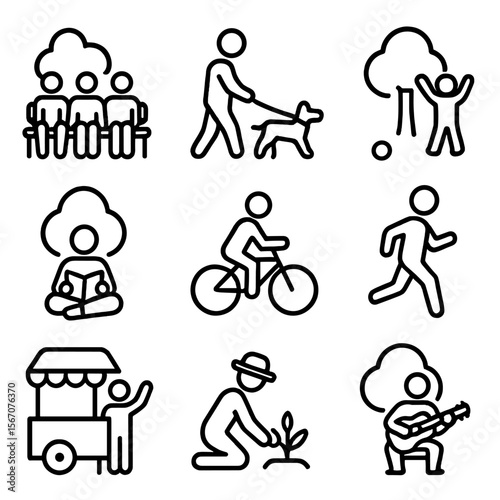 Social Park Activities. Solid, filled icon set of social scenes in green spaces: group sitting on bench, dog walker, child playing