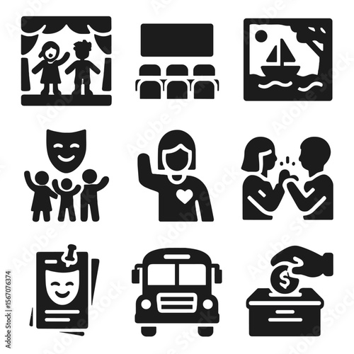 Community Theater Icons. Solid, filled icons set of youth and community theater: children on stage, school