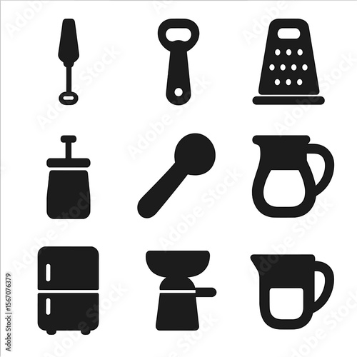 Dairy Kitchen Tool Icons. Solid, filled icon set of dairy kitchen tools: milk frother, bottle opener, cheese grater, butter churn,