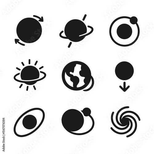 Planetary Motion Icons. Solid, filled icons set of planetary motion and rotation: planet spin, axis tilt,