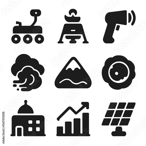 Planetary Research Icons. Solid, filled icons set of planetary research: Mars rover, surface probe, geology