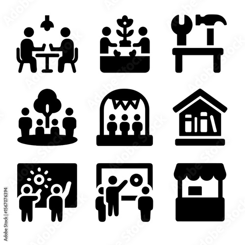 Community Project Icons. Solid, filled icons set of community-based urban projects: co-working hub, community
