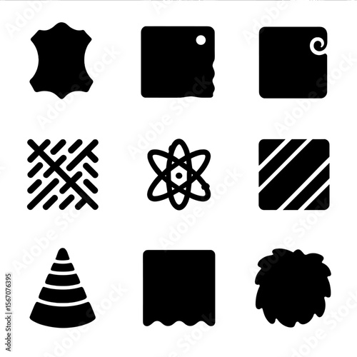 Handbag Material Icons. Solid, filled icon set of handbag materials: leather, suede, canvas, nylon, synthetic, denim, straw,