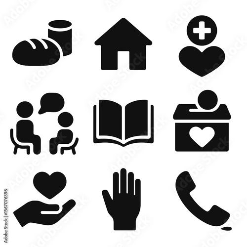 Social Service Icons. Solid, filled icon set of social services: food bank, shelter, medical aid, counseling, education, donation