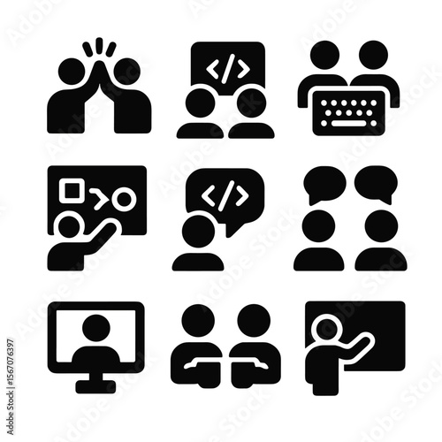 Developer Icons Set. Solid, filled icon set of developer collaboration moments: high-five, code pair icon, shared keyboard,