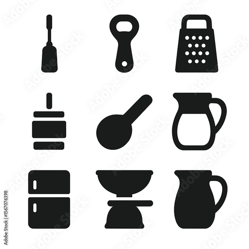 Dairy Kitchen Tool Icons. Solid, filled icon set of dairy kitchen tools: milk frother, bottle opener, cheese grater, butter churn,