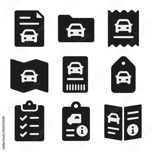 Compact Vehicle Paperwork Icons. Solid, filled icons set of compact vehicle paperwork: folded document,