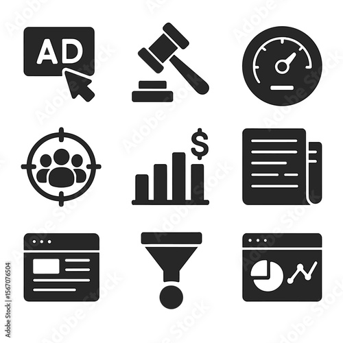 PPC Advertising Icons. Solid, filled icons set of pay-per-click (PPC) advertising: ad click, bid icon, CPC
