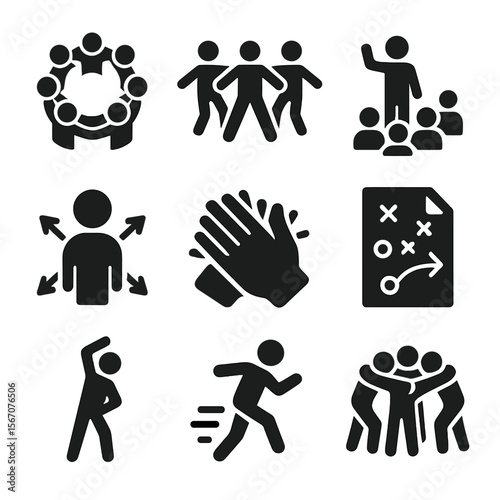 Dance Crew Icons. Solid, filled icon set of dance crew dynamics: group circle, sync moves, coach figure, formation arrows,