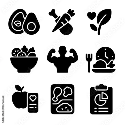Dietary Plan Icons. Solid, filled icon set of protein dietary plans: keto diet, paleo diet, vegan diet, Mediterranean diet,