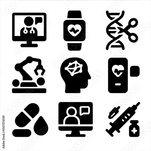 Healthcare Innovation Icons. Solid, filled icon set of emerging healthcare innovations: telemedicine, wearable health tracker,