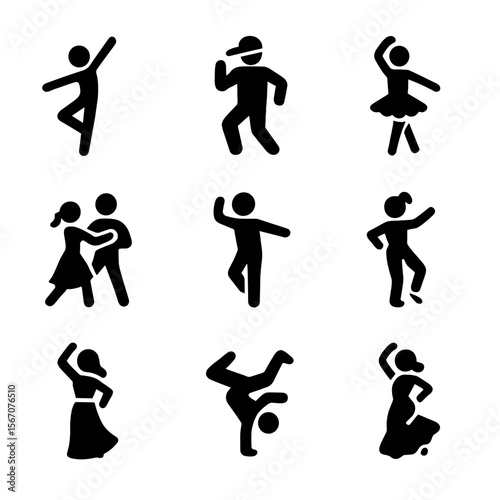 Dance Style Icons. Solid, filled icon set of dance styles for empowerment: contemporary dance, hip hop, ballet, salsa, jazz dance,