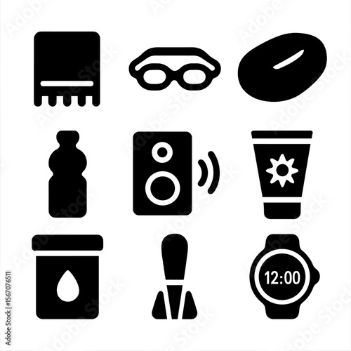 Pool Day Essentials. Solid, filled icons set of pool day essentials: towel icon, swim goggles, inflatable