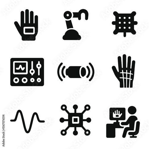 Haptic Interface Icons. Solid, filled icon set of haptic interface engineer: VR glove, force feedback device, tactile sensor,