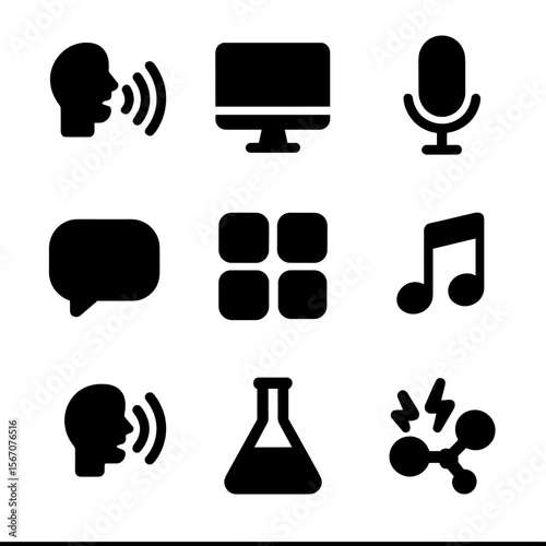 Digital and Chemical Icons. Solid, filled icon set of digital assistant features: voice command, Wi-Fi, computer screen,