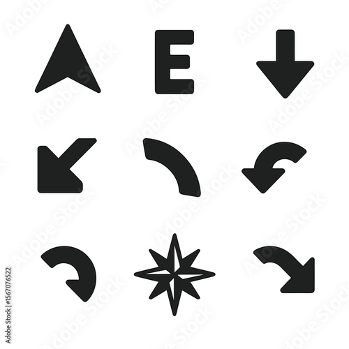 Compass Direction Grid. Solid, filled icons set of compass directions: north arrow, east point, south symbol,