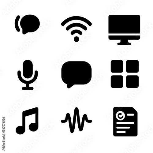 Digital and Chemical Icons. Solid, filled icon set of digital assistant features: voice command, Wi-Fi, computer screen,