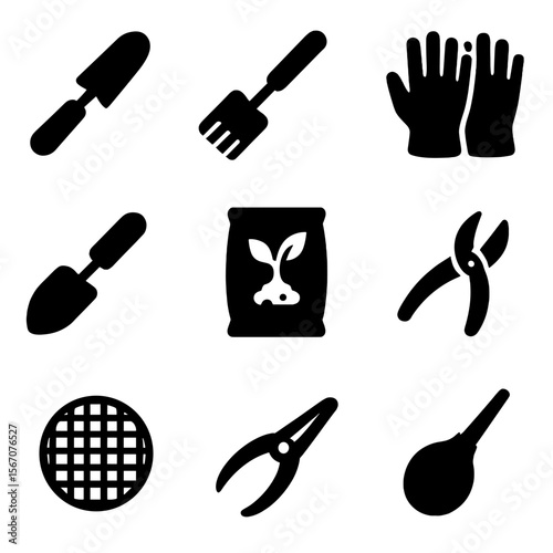 Potting Tools Icons. Solid, filled icons set of potting tools and accessories: hand trowel, pot brush,