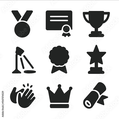 Dance Award Icons. Solid, filled icon set of dance achievements and milestones: medal, certificate, trophy cup, stage spotlight,
