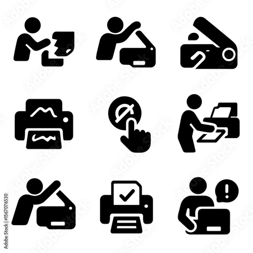 Printer Jam Icons. Solid, filled icons set of user actions during paper jam: pull paper, open flap, check
