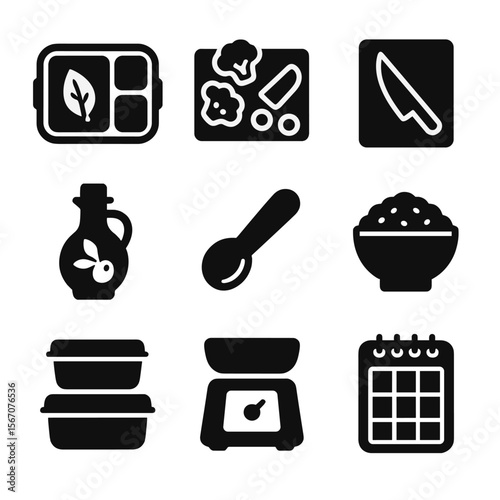 Healthy Meal Icons. Solid, filled icon set of healthy meal prep: lunchbox, chopped vegetables, cutting board, olive oil bottle,