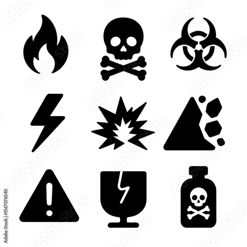 Danger Icons Grid. Solid, filled icon set of dangerous situations: fire flame, skull warning, biohazard sign, lightning bolt,