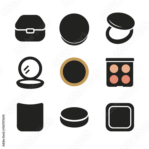Compact Makeup Icons. Solid, filled icons set of compact mirrors and powders: mirror with clasp, luxe powder