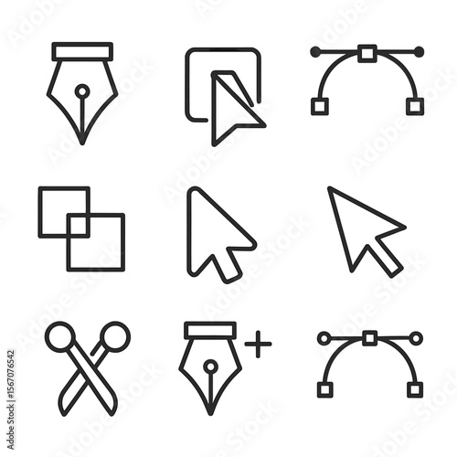 Vector Editing Icons. Outline icon set of vector editing tools: pen tool nib, anchor point node, Bézier curve handle, pathfinder
