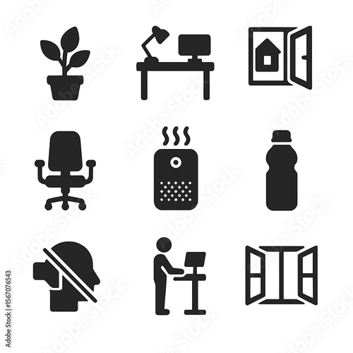 Healthy Workplace Icons. Solid, filled icon set of healthy workplace environment: indoor plant, clean desk, natural light,