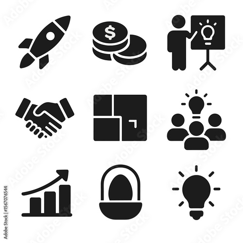 Entrepreneurship Icon Grid. Solid, filled icon set of entrepreneurial creativity: startup rocket, funding icon, innovation pitch,