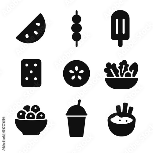 Healthy Snack Icons. Solid, filled icon set of healthy poolside snacks: watermelon slice, fruit skewer, popsicle, granola bar,