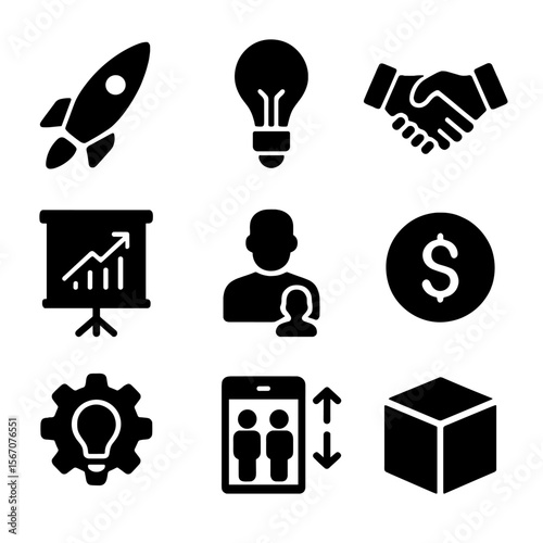 Entrepreneur Icon Set. Solid, filled icon set of entrepreneurial coaching: startup rocket, idea bulb, handshake deal, pitch deck,