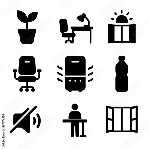 Healthy Workplace Icons. Solid, filled icon set of healthy workplace environment: indoor plant, clean desk, natural light,