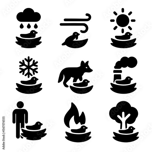 Environment Icons Grid. Solid, filled icon set of environmental factors affecting nests: rain, wind, sun, snow, predator,