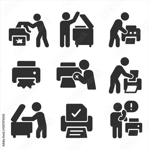 Printer Jam Icons. Solid, filled icons set of user actions during paper jam: pull paper, open flap, check