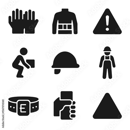 Heavy Lifting Safety Icons. Solid, filled icon set of heavy lifting safety: safety gloves, back support, lifting technique,