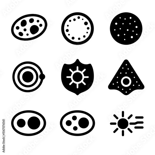 Solar System Icons. Solid, filled icon set of solar system structures: asteroid belt, Kuiper belt, Oort cloud, planetary orbit,