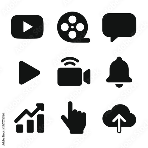 Digital Content Icons. Solid, filled icon set of digital content channels: YouTube icon, video reel, comment bubble, play button,