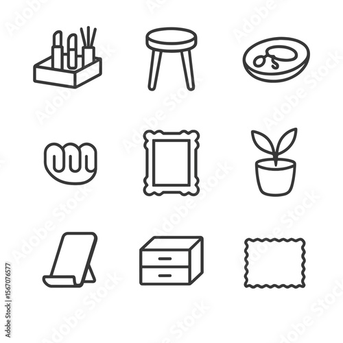 Vanity Setup Icons. Outline icon set of vanity setup and accessories: makeup organizer tray, stool silhouette, jewelry dish, cable