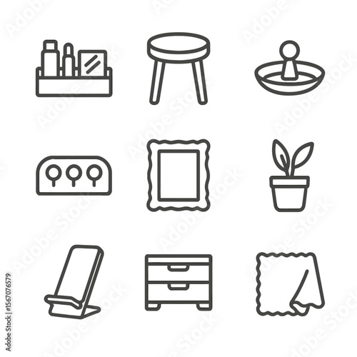 Vanity Setup Icons. Outline icon set of vanity setup and accessories: makeup organizer tray, stool silhouette, jewelry dish, cable