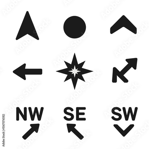 Compass Direction Grid. Solid, filled icons set of compass directions: north arrow, east point, south symbol,